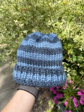 Chunky Knit Beanie, Handmade,Dark Blue and Light Blue Striped, Unisex gorpcore